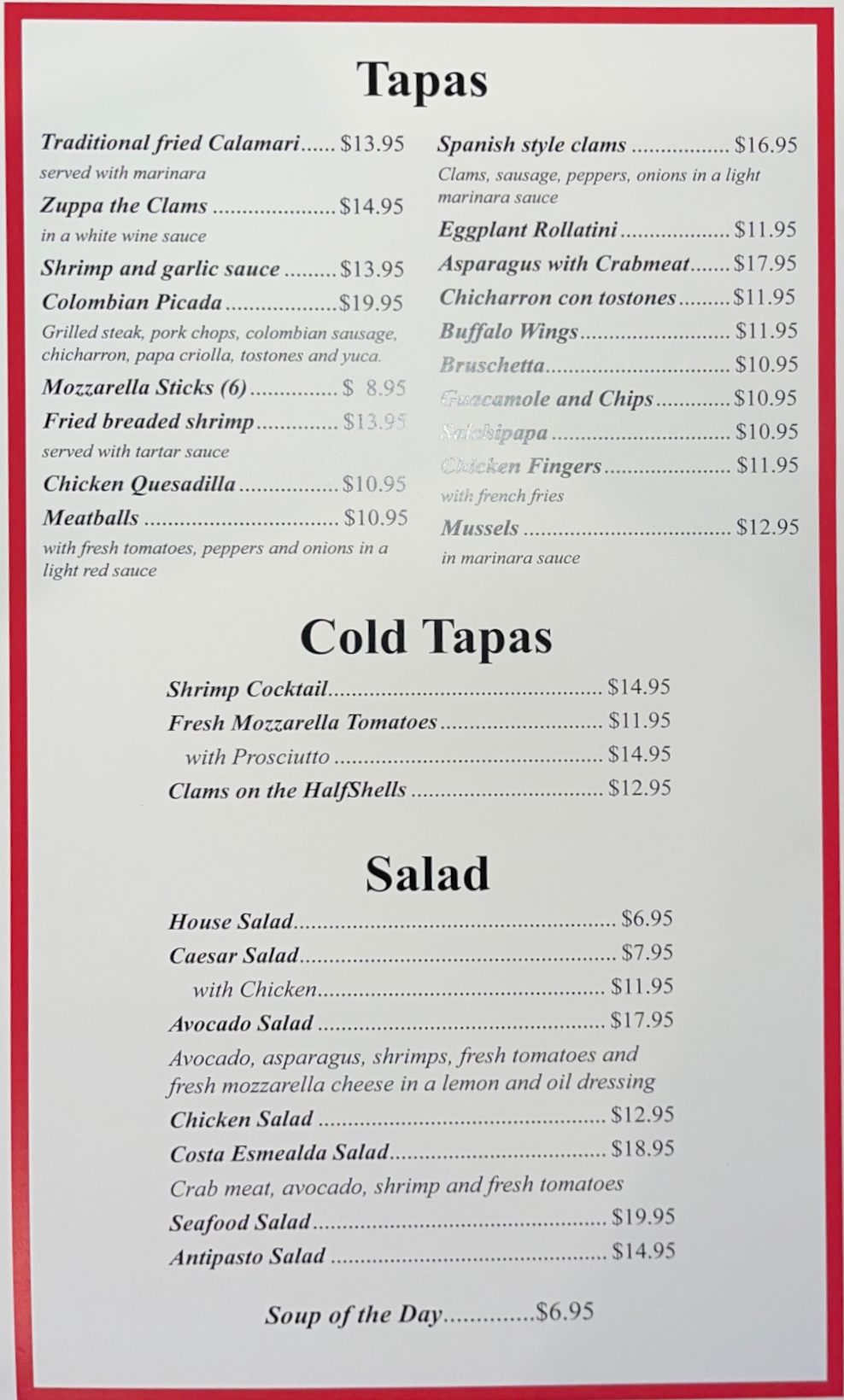 Tapas Bar Menu